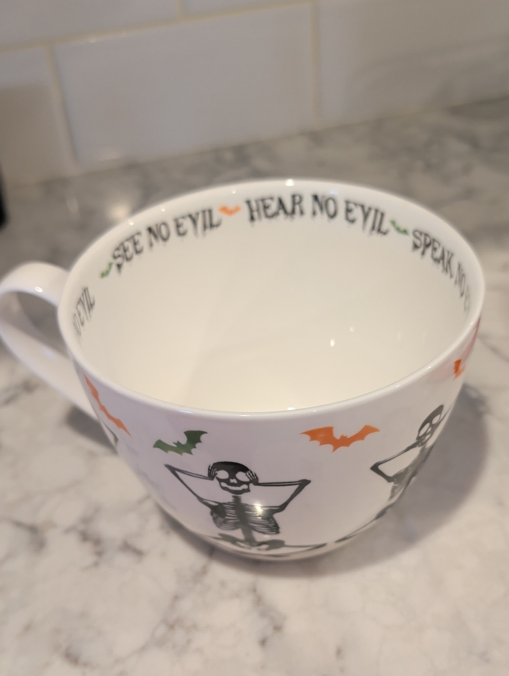 Halloween Skeleton & Bat Ceramic Mug - See No Evil Hear No Evil Speak No Evil